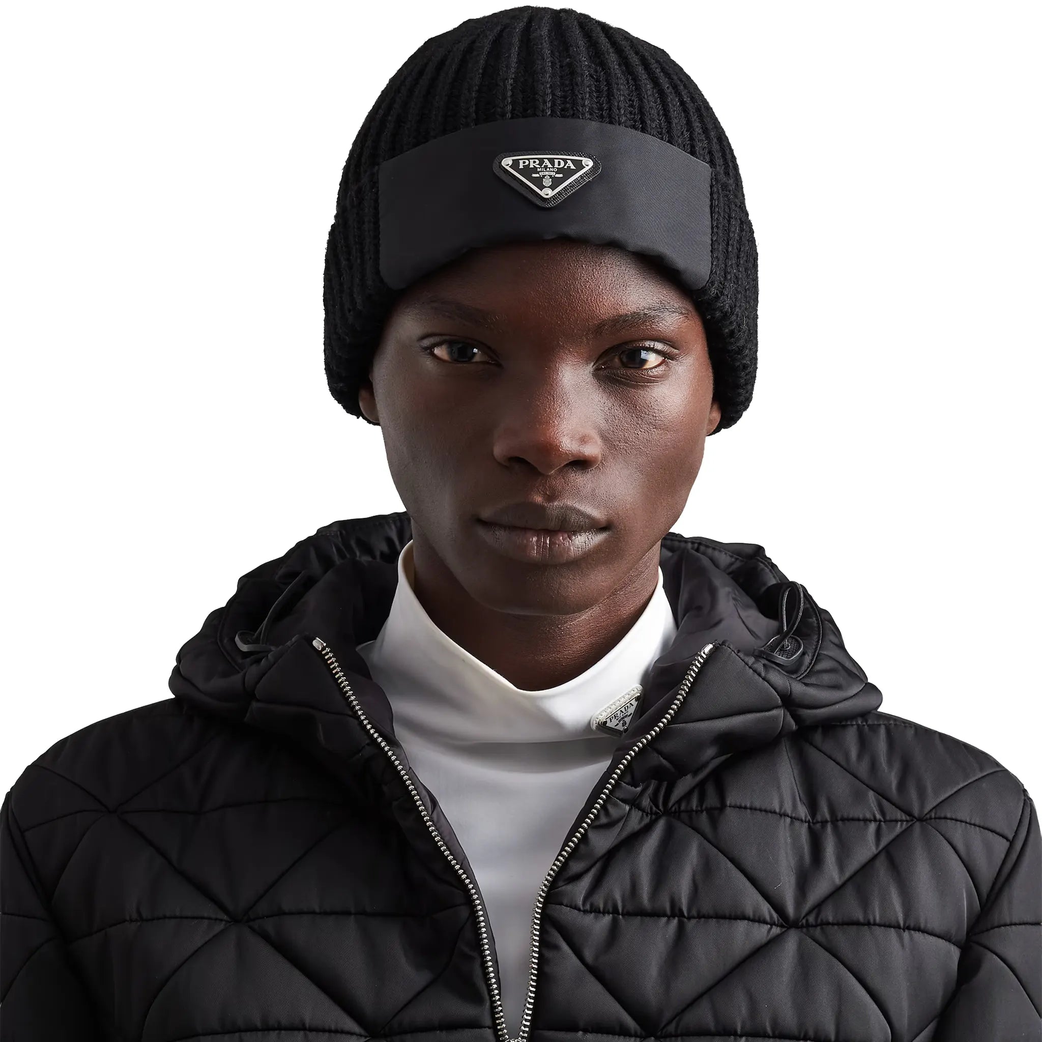Model Front View of Prada Re-Nylon gabardine and wool Black Beanie UMD446_1WTO_F0002_S_202